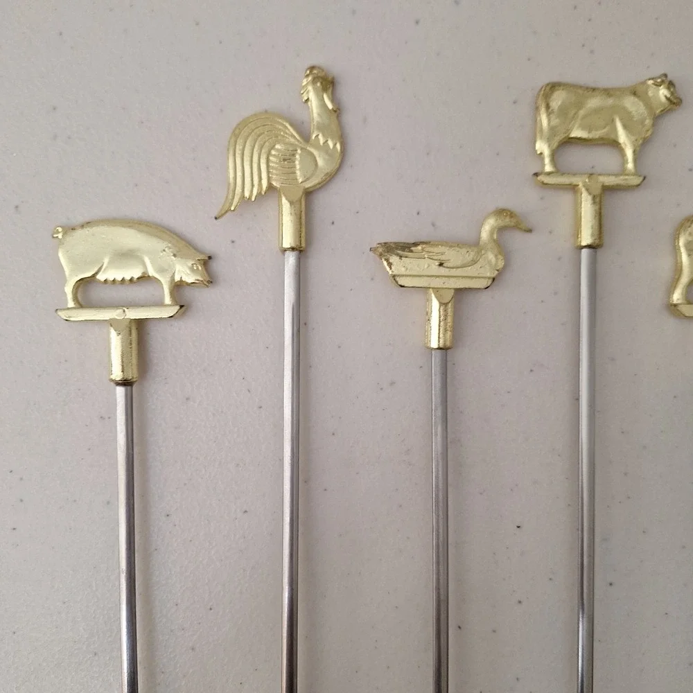 Vintage Set Of 6 Brass Skewers Tops Farm Animals 15